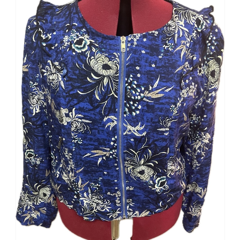 VTG JAASE Blue Floral Bomber Jacket S/M Ruffle Shoulder Cottagecore Boho Zip Up